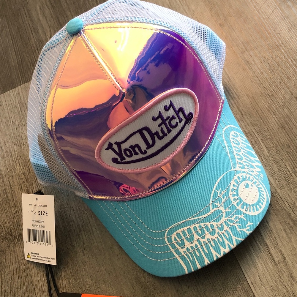 Von Dutch Purple Holographic Trucker Hat Logo Patch & Turquoise Bill OS NWT - Picture 3 of 16